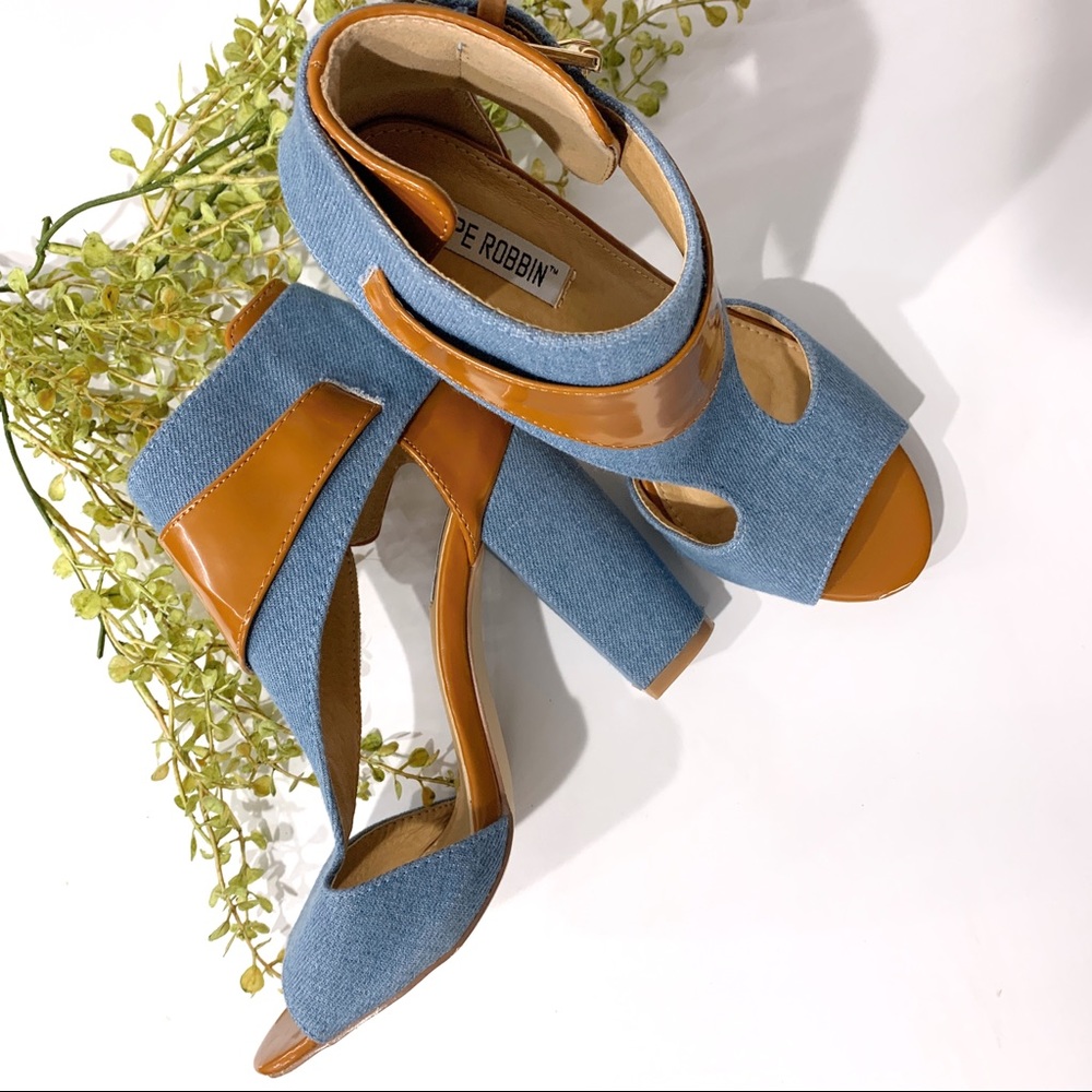Cape Robbin Denim/Faux Leather Peep Toe Heels